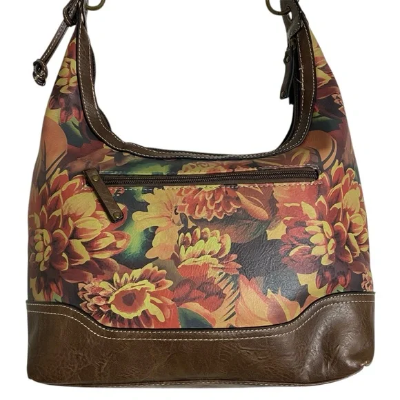 BOC Floral Shoulder Bag Brown Trim Hobo Purse Multi Pocket - Picture 4 of 9